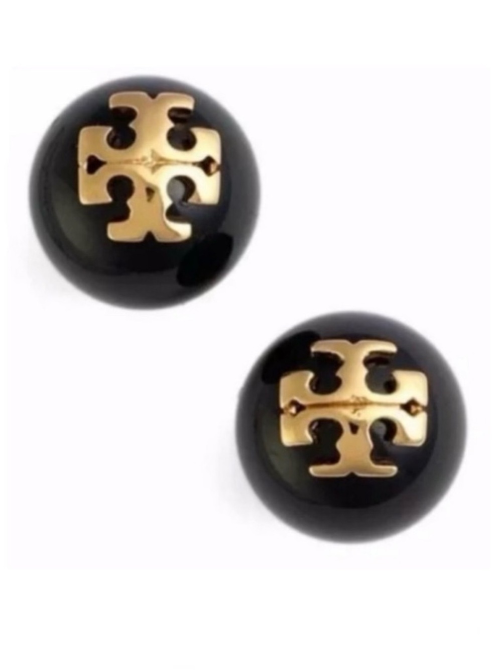 Tory Burch Evie gold logo black pearl earrings